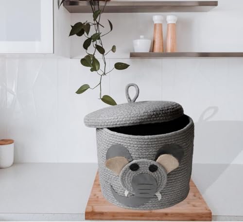 Image of Aroma Brand Kids Lid Baskets With Beautiful Characters - Rope Storage For Baby Diaper, Stuffed Animal Storage Bin Rope For Kids Toy, Baby Laundry Baskets - Grey Elephant
