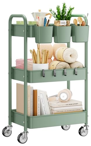 YASONIC 3-Tier Rolling Cart, Green, 66 Pounds Capacity,...