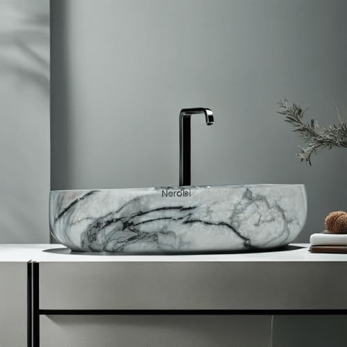 Image of Designer Counter Top Wash Basin | Tabletop Ceramic Bathroom Sink | Wash Basin Over Counter | Wash Basin For Bathroom, Living Room (24 x 15 x 6 Inch) (Glossy Off-White N Black Strip)