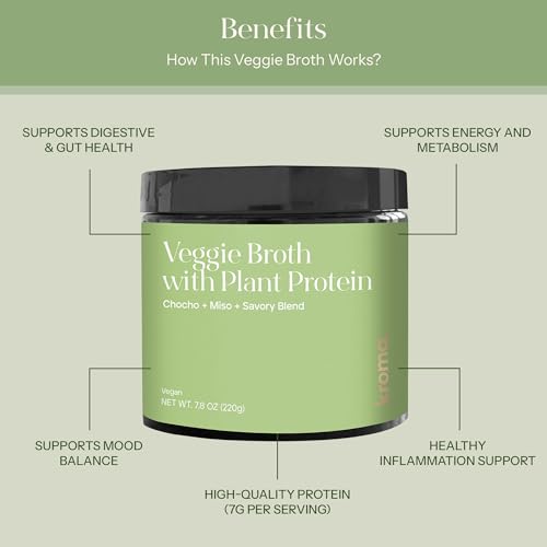 Image of Kroma Vegan Vegetable Broth Powder with Plant Protein 7.8 Oz, 1 Jar, 10 Servings - Red Miso, Vegetables, Turmeric & Chocho Plant Protein Vegetable bouillon powder-Non-GMO Veg Stock-Makes Nourishing Soups and Stews