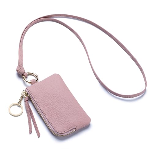 Genuine Leather Coin Purse with Neck Lanyard,Small Lanyard Wallet for Women Men,Traval Neck Wallet With Zipper,Card,Coin,Cash (Pink)