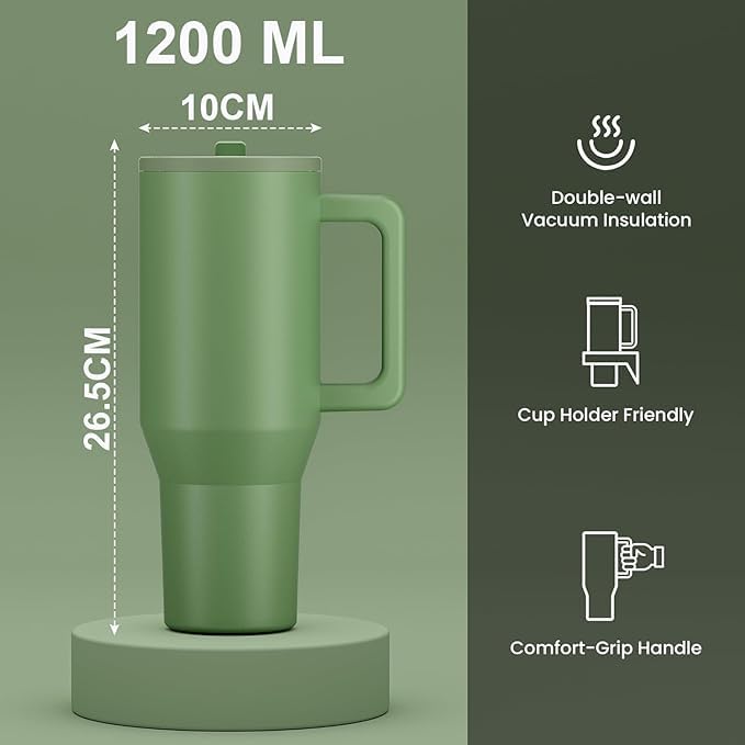 Image of Stainless Steel 1200 ml Vacuum Tumbler with Lid & Straw - Double‑Wall Insulated Cup for Travel, Gym & Office - Keeps Beverages Hot or Cold - 1.2 L Capacity (Avocado)
