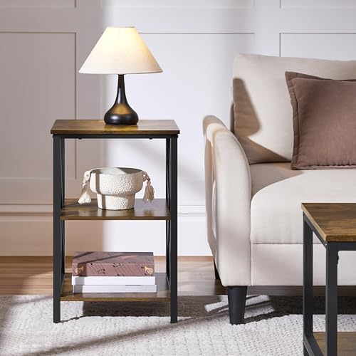Yaheetech Industrial End Tables Set of 2, 3-Tier Side Tables with Storage Shelves for Living Room, X Design, Strong Metal Frame, Easy Assembly, 16x16x24.5 in, Rustic Brown
