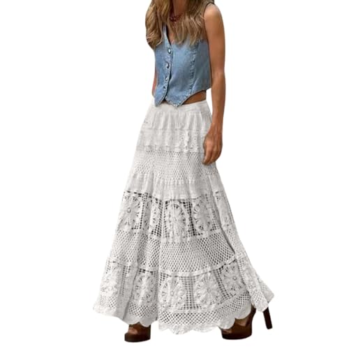 Women's Hollow Out Lace Maxi Skirt, High Waist Flowy Casual Skirts Going Out Fashion Casual Clothes