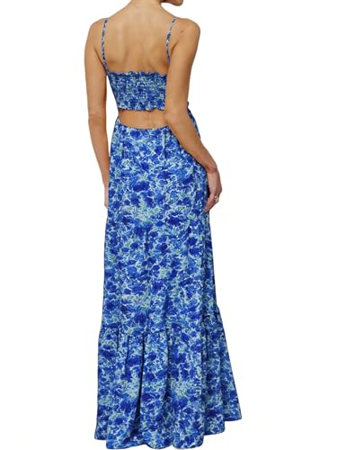 Image of Womens Summer Floral Spaghetti Strap Backless Low Cut Smocked Milkmaid Flowy Beach Sundresses