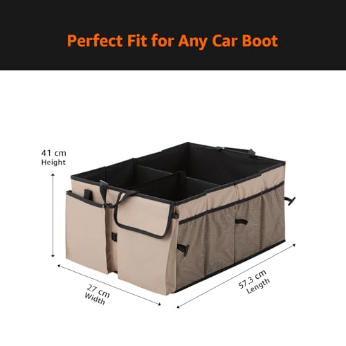 Image of Amazon Basics Car Boot Organizer with 3 Large Compartments & 8 Mesh Pockets | Foldable 600D Oxford Storage Box with Lid & Securing Straps (Beige, 58x43x27 cm)