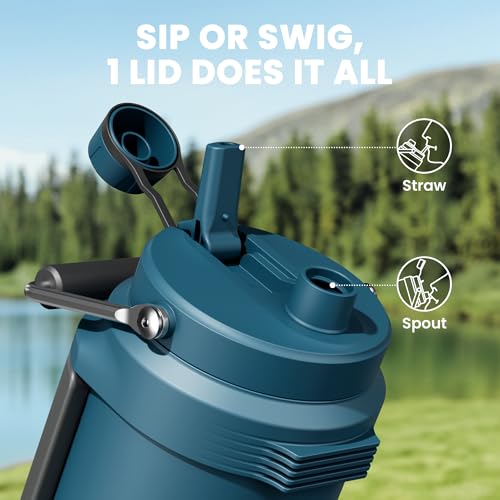 Image of 64 oz Insulated Water Bottle for Gym: Meoky Triple Wall Vacuum Stainless Steel Half Gallon Water Jug - Top and Side Handles, 2-in-1 Straw and Spout Lid, Cold for 36 Hrs, Leak Proof for Camping (Denim)