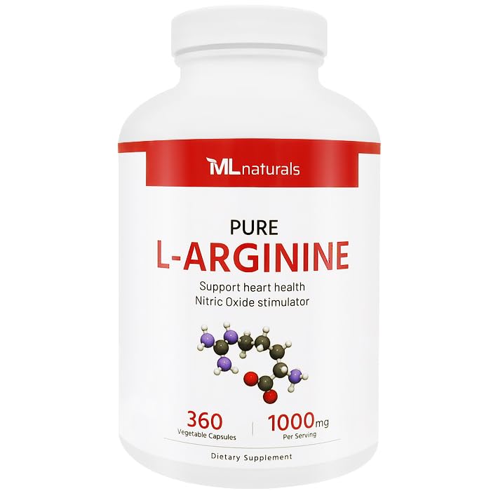 ML Naturals Pure L-Arginine 1000 mg 360 Vegetable Capsules. Amino Acid, Nitric Oxide Stimulator, and Supports Heart Health, NSF-Certified & cGMP-Compliant