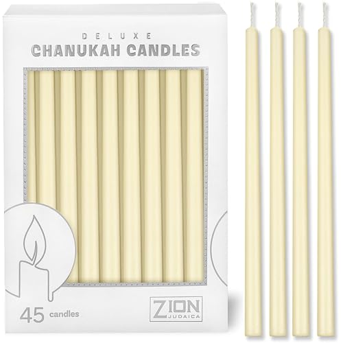 Zion Judaica Hanukkah Candle Set of 45 Cream White 5.25 Tapered Candles for Chanukah Menorahs Birthday Party Celebration Candles for 8 Nights of Hanukah W/DIY Dreidel
