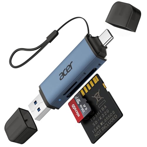 acer SD Kartenleser, Dual USB 3.0 USB C Stecker Kartenlesegerät, Aluminium OTG Adapter SD Card Reader Speicherkartenleser für SD/Micro SD/TF/SDHC/SDXC, iPhone 15-16/Android/Windows/macOS usw.-Blau