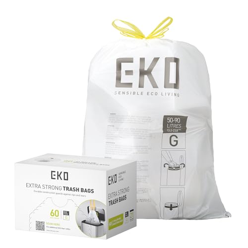 EKO 21 Gallon / 50-90 Liter, 60 Count Drawstring Trash Bags, Extra-Strong Unscented Garbage Bags, Easy-Dispense Roll for Kitchen & Household Use, Code G, White