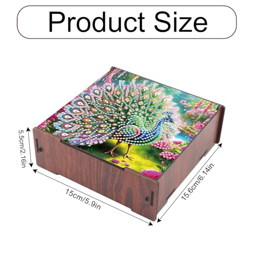 Image of DIY Diamond Art Storage Box, Peacock Design Wooden Diamond Painting Organizer with Flip-Top Lid and 4 Divided Compartments, for Craft, Jewelry, and Desktop Storage, Table Decoration Gift Accessories