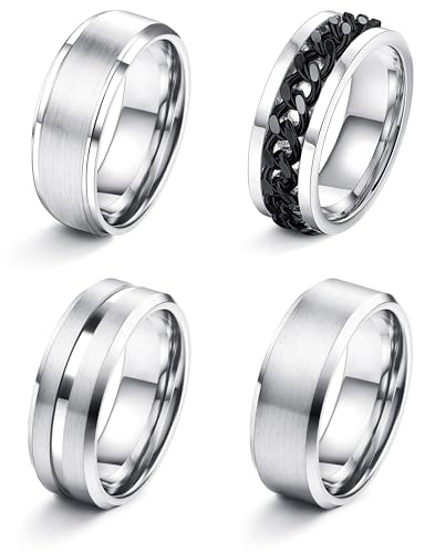 YADOCA Stainless Steel Rings for Men Women Silver Black Rings For Men Fashion Fidget Mood Spinner Anxiety Relief Ring Wedding Band Promise Engagement Ring Set Size 6-14