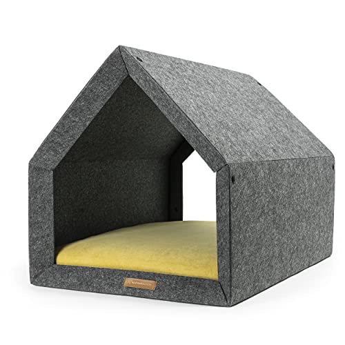 Rexproduct - PetHome Hundehütte mit Liegefläche und Dach I Biss- und Kratzfest I Gute Schalldämmung I Umweltfreundlich & Einfach zu Montieren I Größe S (60x42x43 cm) - Dunkelgrau und Gelb