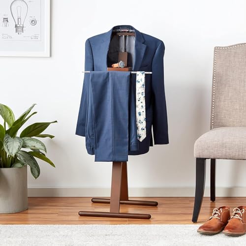 Image of Proman Products Josh Freestanding Wooden Valet Stand Organizer with Tray, Hanger, Trouser Bar, Walnut