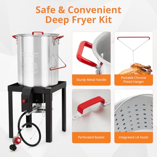 30 Qt Turkey & 10 Qt Fish Fryer Boiler Steamer Set, Aluminum Turkey Deep Fryer Pot, 38, 000 BTU Outdoor Propane Stove Burner Stand for 20 Lbs Turkey, Thermometer, Turkey Rack & Lifting Hook