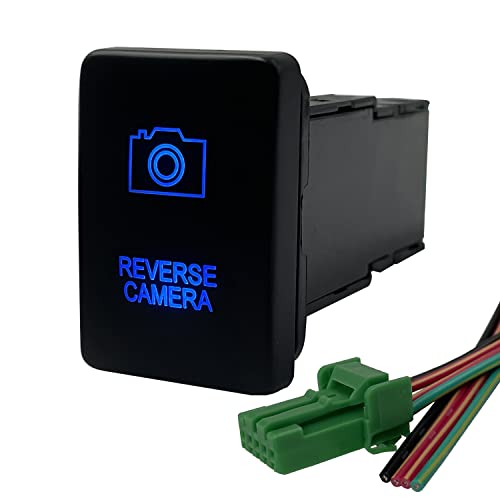 Image of Blue Led Reverse Camera Push Button Switch for Toyota Sequoia FJ Cruiser Prado Landcruiser RVA4 Highlander 3Amp 12V Illuminated ON-Off SPST Button Switch with Wiring Connector