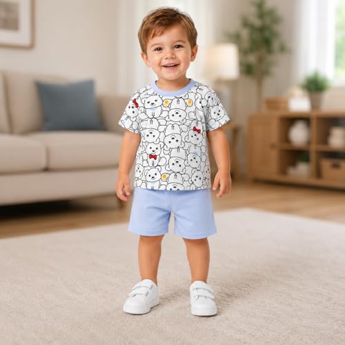 Image of Bold N Elegant Kids Cartoon Stripe Print Cotton Cute Half Sleeve T-shirt and Shorts Clothing Set for Infant Toddler Baby Boy Girl