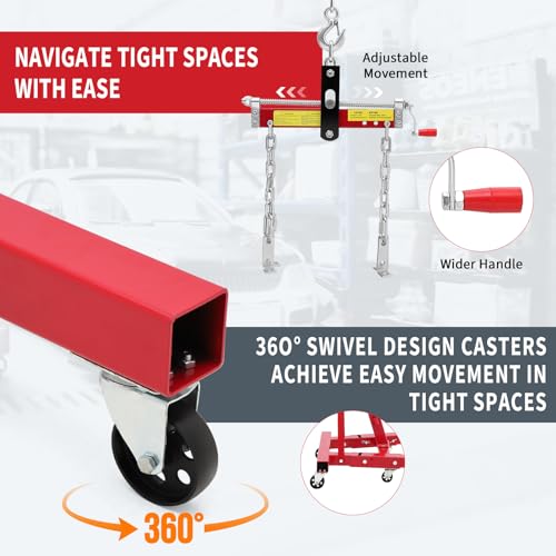 Image of GarveeTech 2 Ton Folding Hydraulic Engine Hoist with Load Leveler 4400 LBS Capacity Heavy Duty Cherry Picker 6 Swivel Wheels&Hydraulic Pump Adjustable Boom (0.5T-2T) for Garage Workshop Warehouse Red