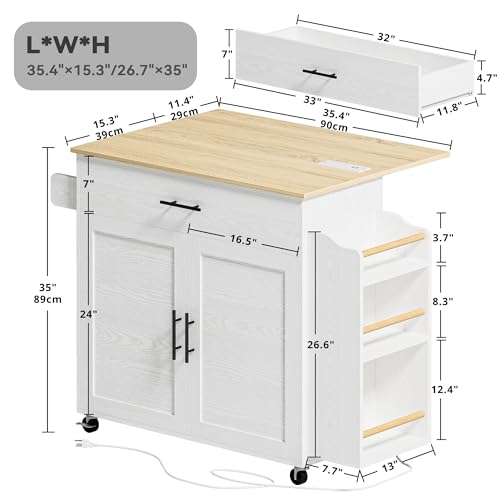 IRONCK Kitchen Island with Storage, Rolling Kitchen Island on Wheels with Drop Leaf, 3 Open Spice Rack Shelf, Door Cabinet, Drawer, Kitchen Cart Island Table for Kitchen, White
