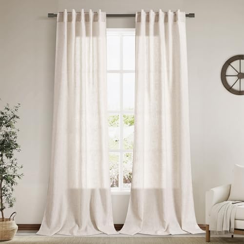 Image of Beige Linen Curtains 96 Inches Long for Living Room 2 Panels Set Back Tab Pocket Canvas Semi Sheer Modern Farmhouse Curtains Belgian Flax Linen Bedroom Curtain Drapes Neutral Earth Tone 40x96