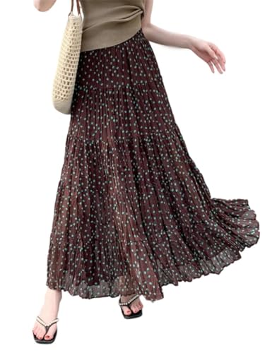 Women High Elastic Waist Boho Floral Pleated Skirt Summer Thin Breathable Midi Skirts4