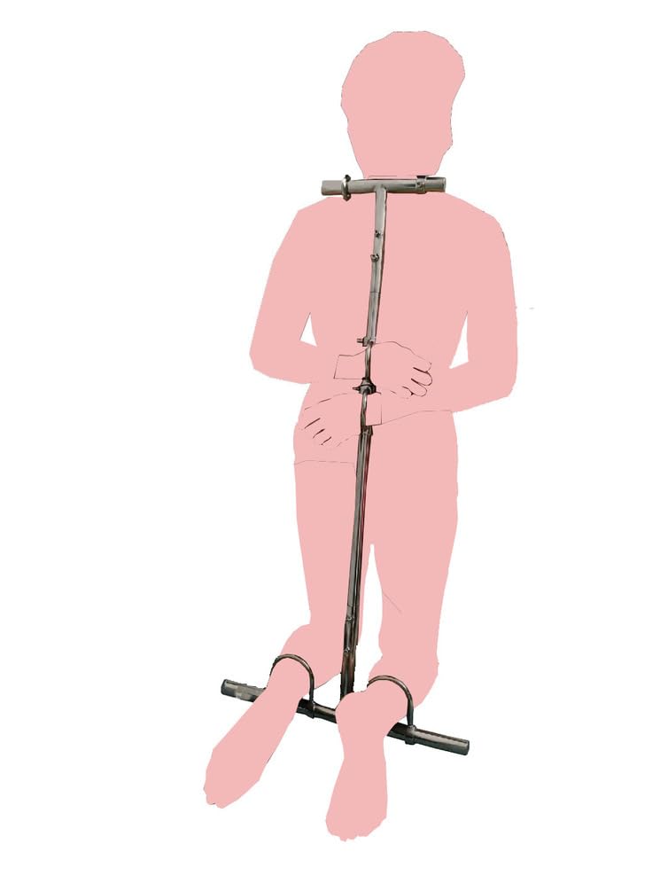 Verstellbar Fesselstange mit Kragen Handschellen Fußfesseln Bestrafung Metall Spreizstange Edelstahl Halsband Handcuffs Bondage Rahmen Spreader Bar Fetisch Sex Toy für Paare,Silber,Männer
