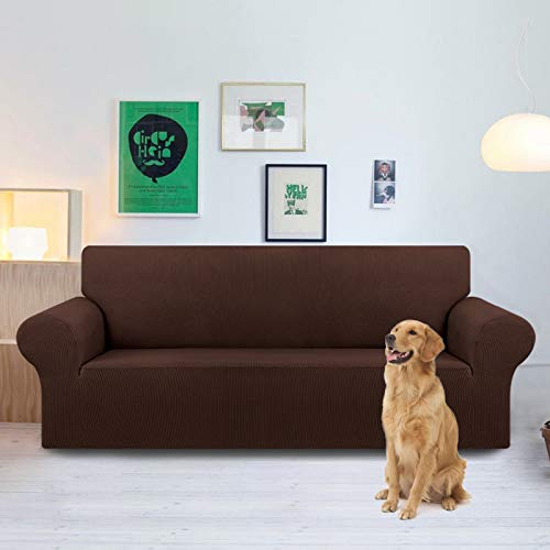 KEKUOU Stretch Oversized Sofa Slipcover 1 Piece Couch Sofa Cover (94"-110") Furniture Protector 4 Seater Sofa with Elastic Bottom for Kids,Pet.Jacquard Checked Pattern Fabric(X Large,Chocolate)