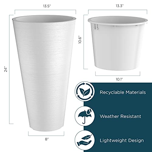 Verel White 24 Inch Tall Outdoor Planters with Small 10 Inch Pots - Set of 2 Modern Round Plastic Indoor Floor Standing Flower Pots