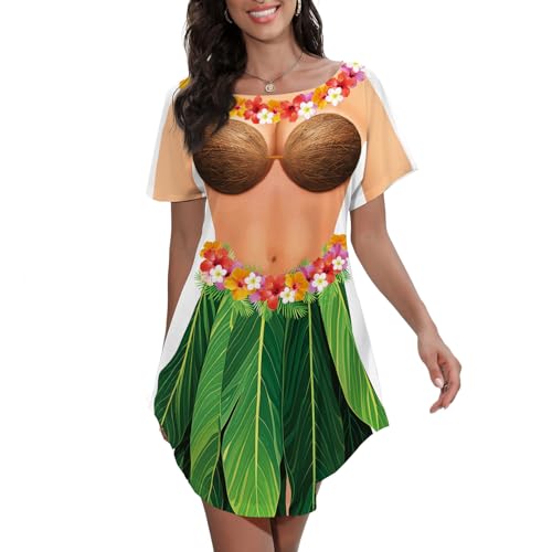 Damen Bikini Body Bedrucktes T-Shirt Kurzarm Strand Cover Up Luau Party Hawaiihemd, Hawaii-Hemd, X-Large
