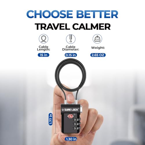 Image of SURE LOCK TSA Approved Luggage Locks with Open Alert Indicator, 3 Digit Combination Cable Travel Lock for Suitcase, Backpack, Gym Locker, Toolbox, Carry On & Travel Bag, EXTRA LONG CABLE, EXTRA LONG