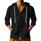 TAFLE Mens Linen Long Sleeve Button Down Shirts with Pockets Casual Hawaiian Beach Shirts Lightweight Fashion Hoodies Black