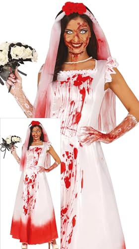 FIESTAS GUIRCA Déguisement de mariée tueuse pour femme – Robe de mariée sanglante et voile – Costumes d'Halloween pour femme Taille S