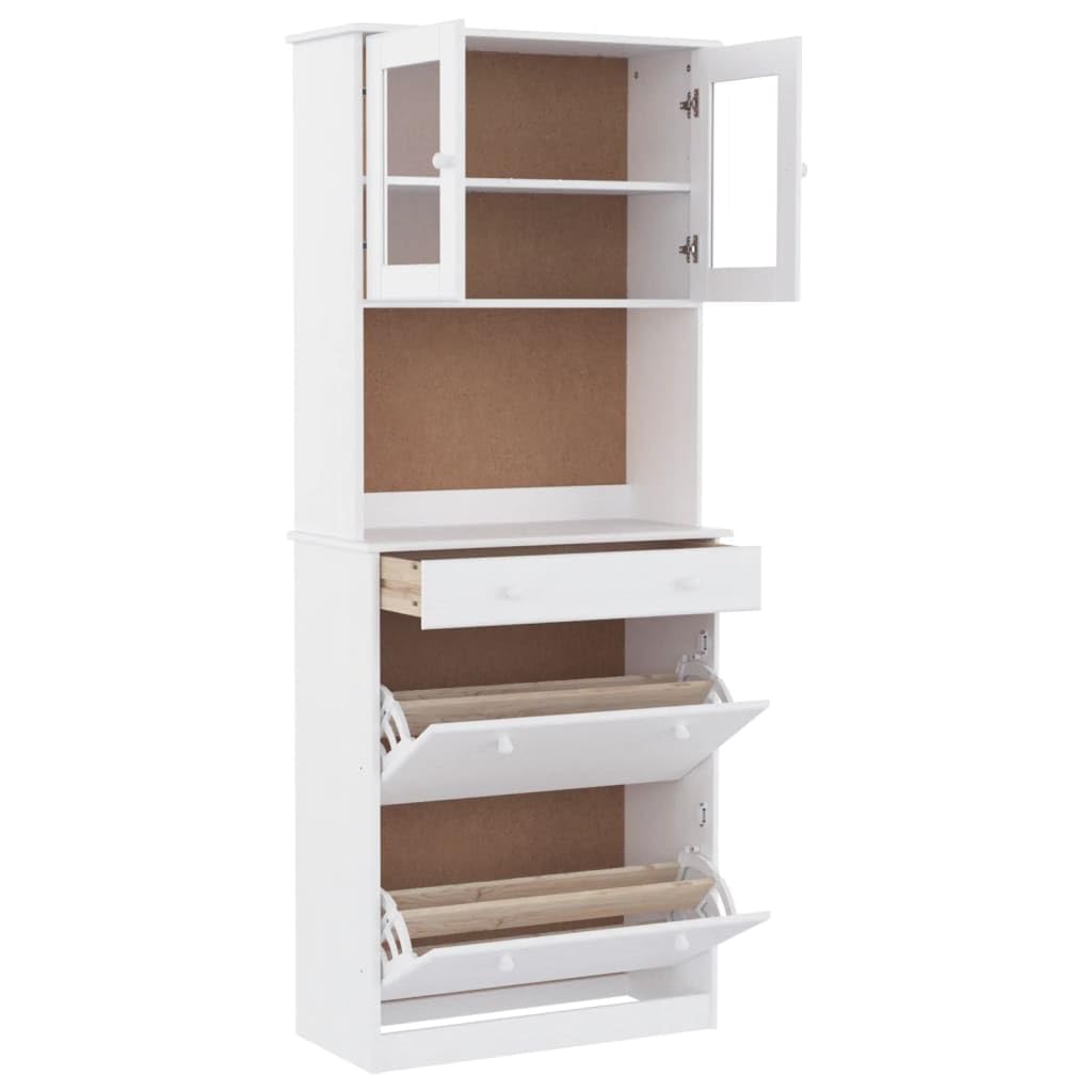 Générique Bufet Alta High White 77x35x188 cm, z litego drewna sosnowego, szafka do przechowywania z półkami, szufladą i szklanymi drzwiami, drewniane guziki, uchwyt ścienny w zestawie