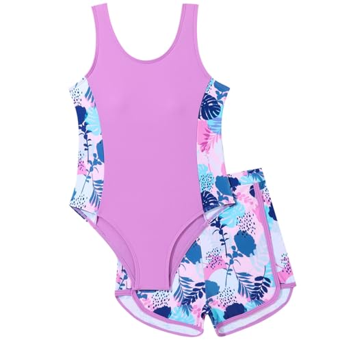Xumplo Girls Swimming Costume Tween Girl One Piece Swimsuit with Shorts Young Girls Floral Swimwear Crew Neck Bathing Suit Purple 10-12 Years