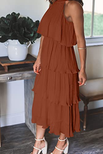Zesica Women's 2023 Summer Sleeveless Halter Neck Ruffle Tiered Layed Chiffon Flowy Swing Long Midi Dress,Maple,Large #TOP6