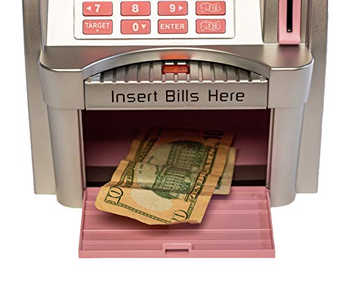 ATM Toy Savings Bank with Motorized Bill Feeder, Coin Reader and Balance Calculator (Pink)