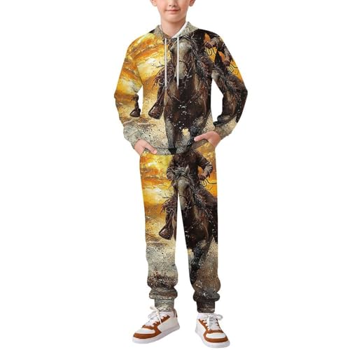 Boys Girls Pullover Hoodie Jogger Pants Kid Outfit Sweatshirt Sweatpants Set, Western Cowboy Horse West