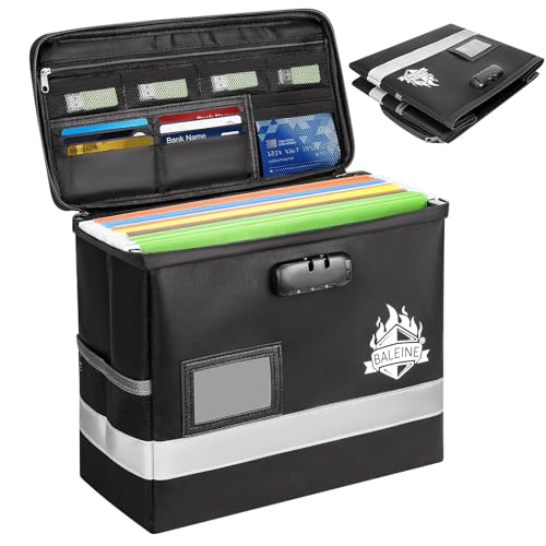BALEINE Fireproof Document Box with Lock Portable Fireproof Document Bag Waterproof Fire Proof File Boxes for Documents File Organizer Box for Important Paperwork (Black 12.5x10.5x6)