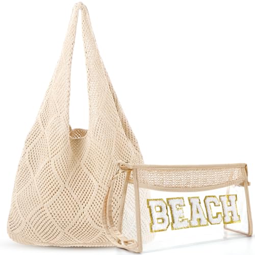 Image of Aliceset 2 Pack Crochet Mesh Beach Tote Bag with Letter Patch Pocket Summer Beach Tote Bohemian Straw Transparent Bag