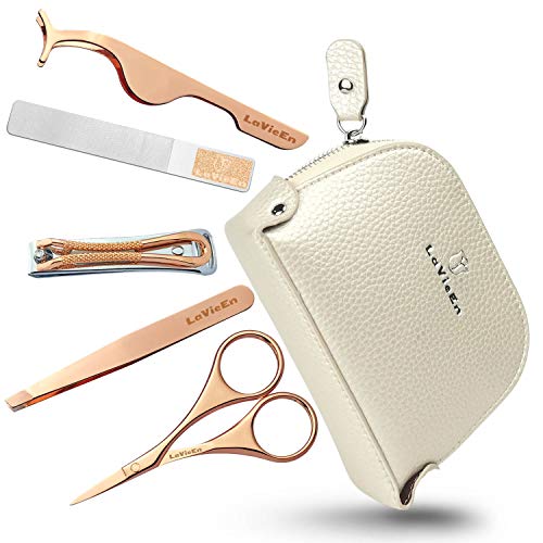 LaVieEn Manicure Set for Women & Girls with Luxury Leather Case, Professional Nail Care & Eyebrow Care Tools Great Gifts for Women & Girls (PEARL)