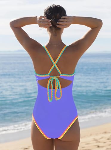 Image of popvil Women One Piece Swimsuit Deep V Neck Neon Cute Bathing Suit | Neon Contrast Trim, Adjustable Straps, Cutout, Soft Stretch Fabric, Back Tie, Quick-drying, Beach, pool, cruise vacation