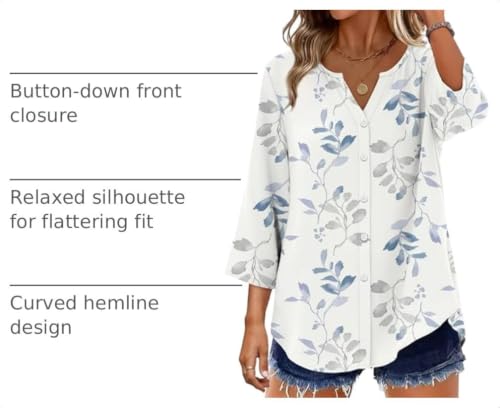 Image of OFEEFAN Button Down Shirts for Women 3 /4 Length Sleeve Tops V Neck Blouses Business Casual Outfits Loose Fit