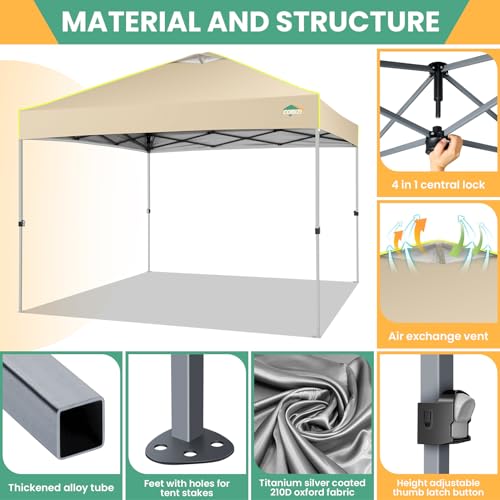 COBIZI-10×10-Pop-Up-Canopy-Tent-with-One-Push-Setup-Glow-Outdoor-Ez-Up-Gazebo-Waterproof-UPF50-with-3-Adjustable-Height-Air-Vent-4-Sandbags8-Stakes-Carrying-Bag-for-Party-BeachKhaki COBIZI 10×10 Pop Up Canopy Tent with One Push Setup Glow Outdoor Ez Up Gazebo Waterproof UPF50 with 3 Adjustable Height Air Vent 4 Sandbags8 Stakes Carrying Bag for Party BeachKhaki