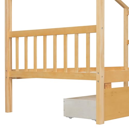 Image of Twin Size House Platform Bed with Roof and 2 Drawers, Solid Wood House Daybed Frame with Headboard and Slat Support for Kids Teens Girls Boys Bedroom, Can Be Decorated (Natural-03, Twin)
