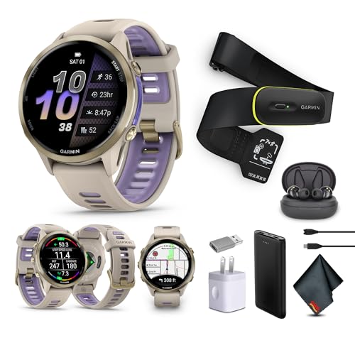 Garmin Forerunner 970 Running Smartwatch, GPS Fitness Watch for Men and Women, Soft Gold Titanium with French Gray Case/Translucent Indigo Band​ + Access 600 Fitness Monitor, XS-S​​ + More