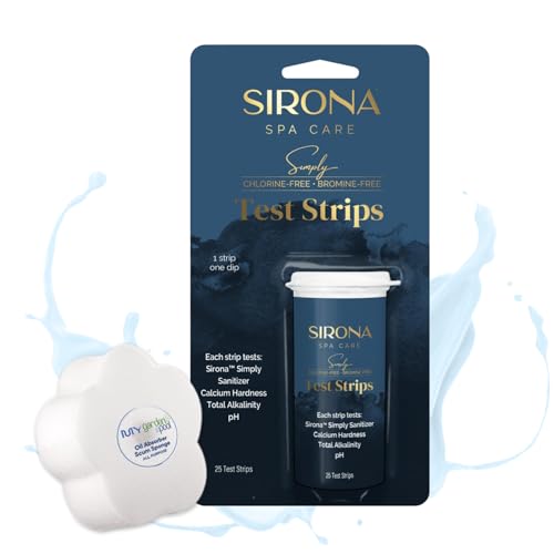 Sirona Spa Care 25 Test Strips with My Garden Pool Spa Sponge – Accurate Spa Water Testing Kit for pH, Alkalinity & Hardness with Bonus Oil-Absorbing Scum Remover