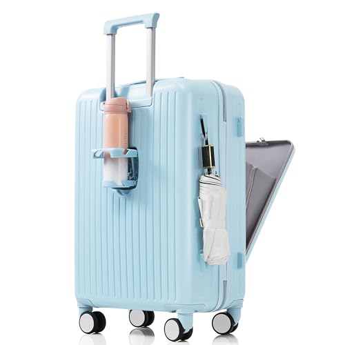 Front Opening 20-Inch Carry-On Luggage with Expandable Travel Bag Set, ABS Hard Shell Two-piece suitcase set with USB Port, Cup Holder, light blue