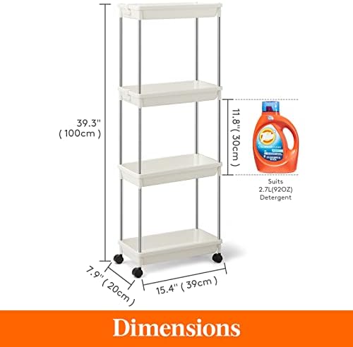 Lifewit Slim Storage Trolley for Narrow Space Bathroom Laundry Room Kitchen, 4 Tier Slide-Out Rolling Trolley Organiser Rack Shelf Cart with Wheels for Space-Saving Organization, Easy Assembly, White