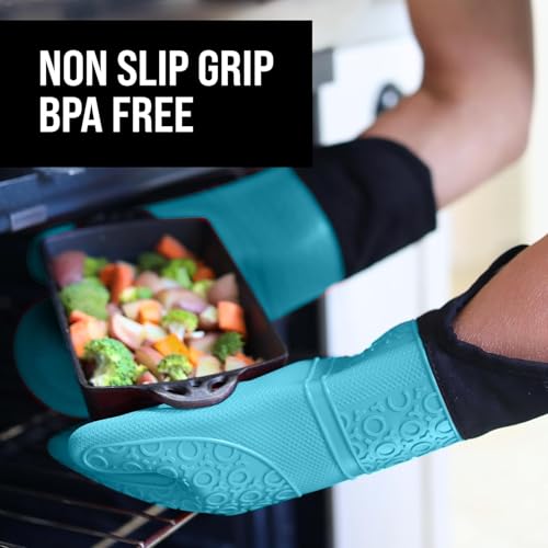 Image of BPA-Free Soft Silicone Oven Mitts - Ultra Heat Resistant Oven Mitts with Thick Cotton Liner - Extra Long Slip Resistant Pot Holders, Flexible Oven Gloves - Aqua /Black 14.7 inch